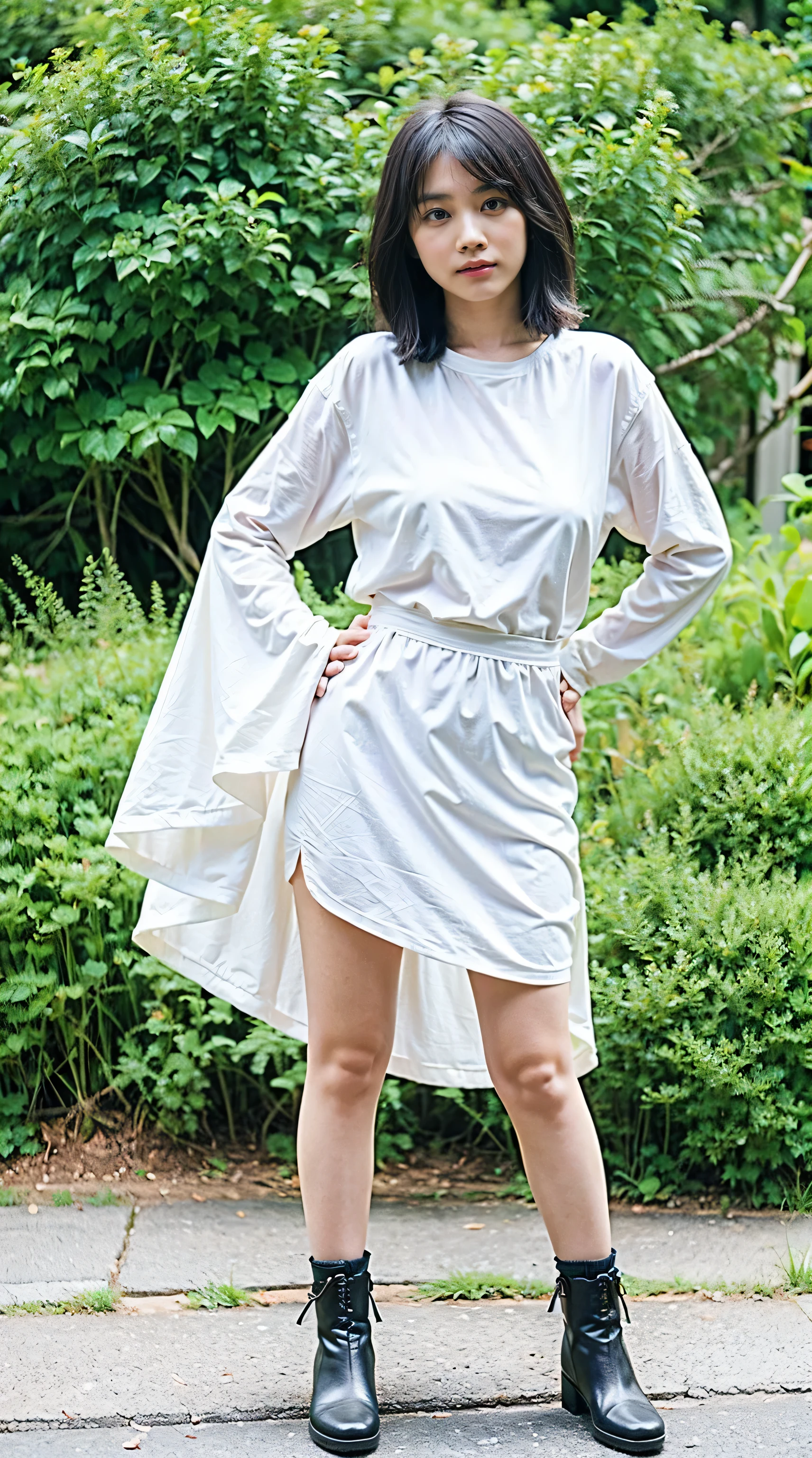 (8K、Raw photo、highest quality、masterpiece:1.2)、(Realistic、Photorealistic)、1 girl、((dress、stand with hands on hips、See-through、M Niscart、boots、big breasts、View from the front、Are standing、M))、smile、Lots of eyelashes、Sparkle on your eyelids、skeletally correct