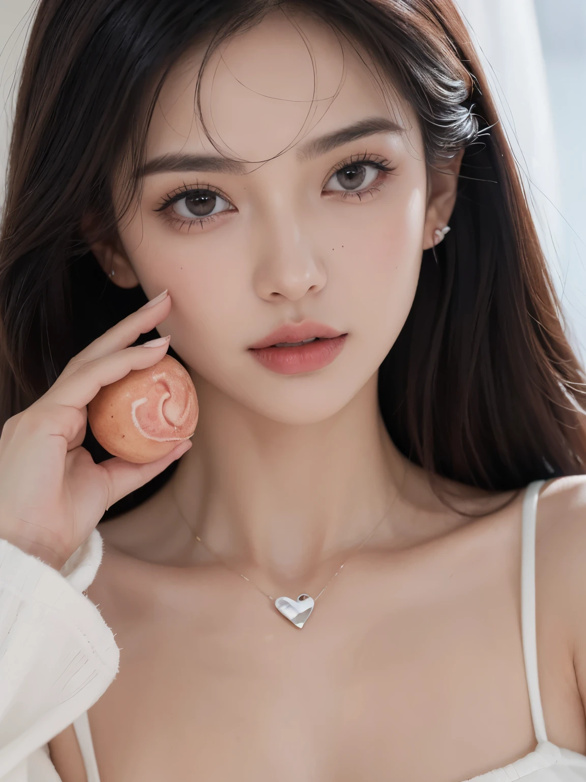 Kim jennie con el cabello negro oscuro, con rulos en las puntas del cabello negro oscuro, con un ganchito de estrella en el cabello negro oscuro, ojos de color claro, ojos bonitos, ojos llorosos, nariz bonita y respingada, labios bonitos, labios rosas, heart and cupid shaped lip, piel bonita, pale, piel blanca, con lunares y pecas en todo el rostro, rubor rosa suave en las mejilla, rubor rosa natural, maquillaje suave y rosa, jennie, cuellos bonito, cuello marcado, frown, mirada enojada, con un collar de beso, un collar bonito de beso, mientras muestra sus pechos con un brasier de conchas del mar, mientras un brasier en forma de conchas de mar, con una falda roja, mientras tiene una falda suelta de color rojo, mientras tiene el abdomen desnudo, delgado, marcado y bonito, (pechos grandes, pechos suaves, pechos bonitos, pechos naturales), mirando a la camara, autofoto 