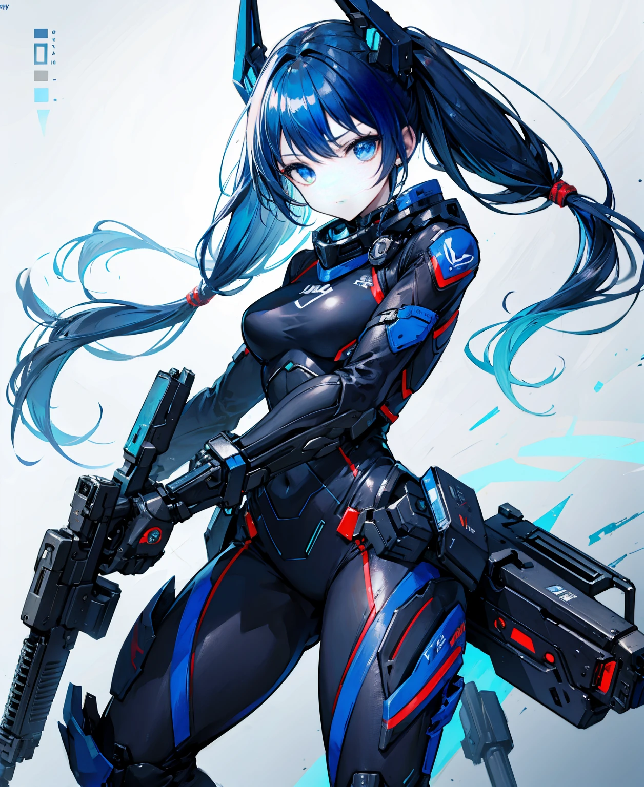 no background,girl,carry a firearm,Enamel-like tight suit,use of firearms,Navy blue long hair,attention arousal,Blue colored eyes,no gradation