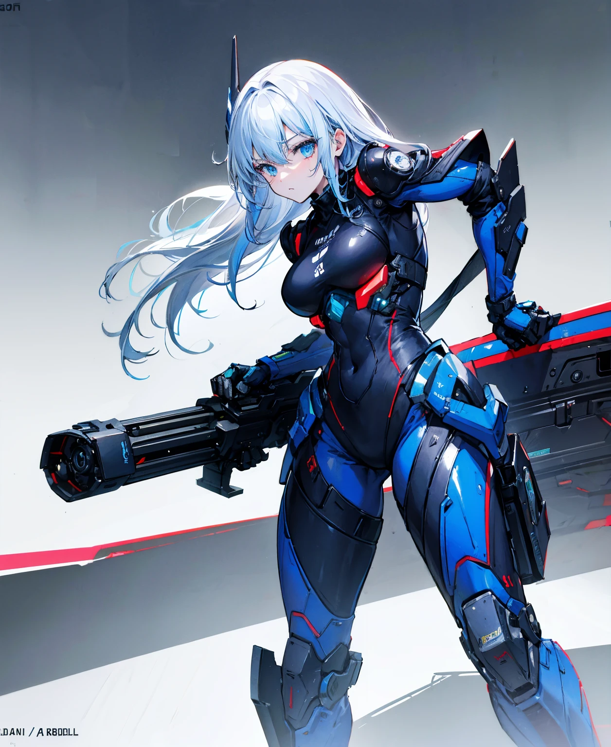 no background,girl,carry a firearm,Enamel-like tight suit,use of firearms,Navy blue long hair,attention arousal,Blue colored eyes,no gradation