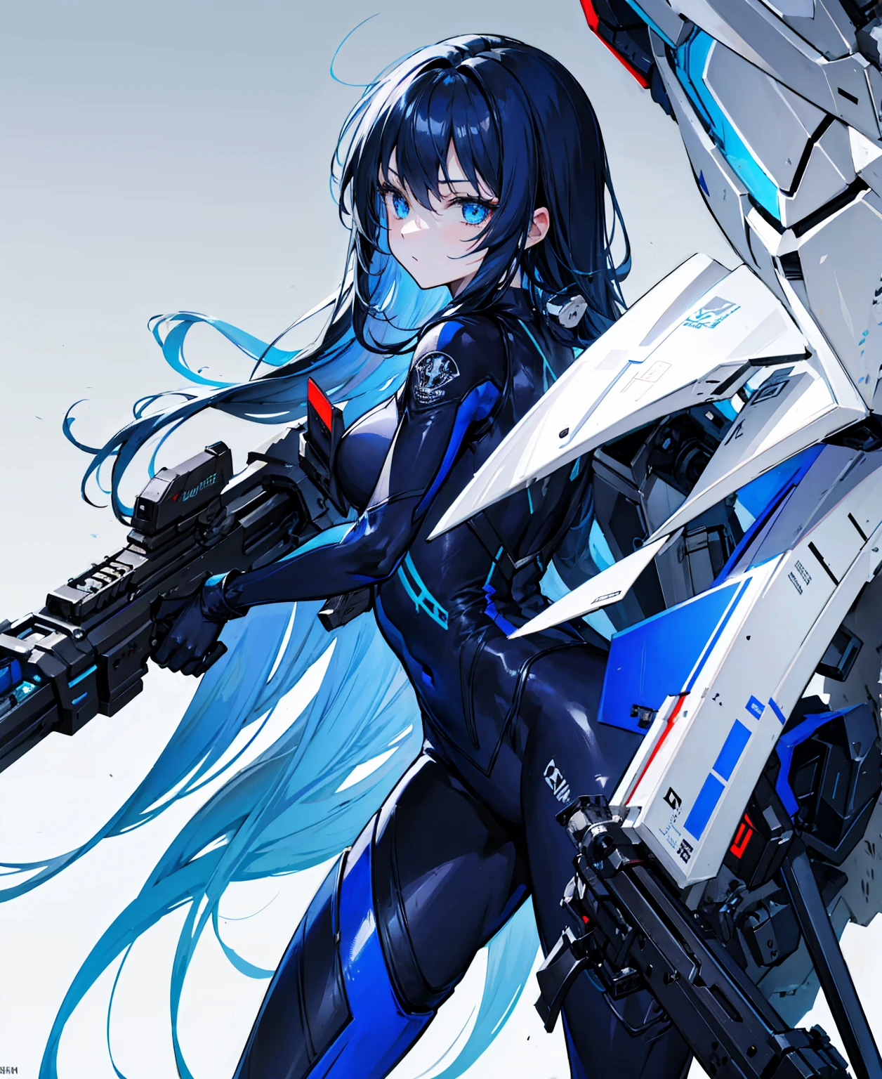 no background，girl，carry a firearm，Enamel-like tight suit，use of firearms，Navy blue long hair，attention arousal，Blue colored eyes,no gradation