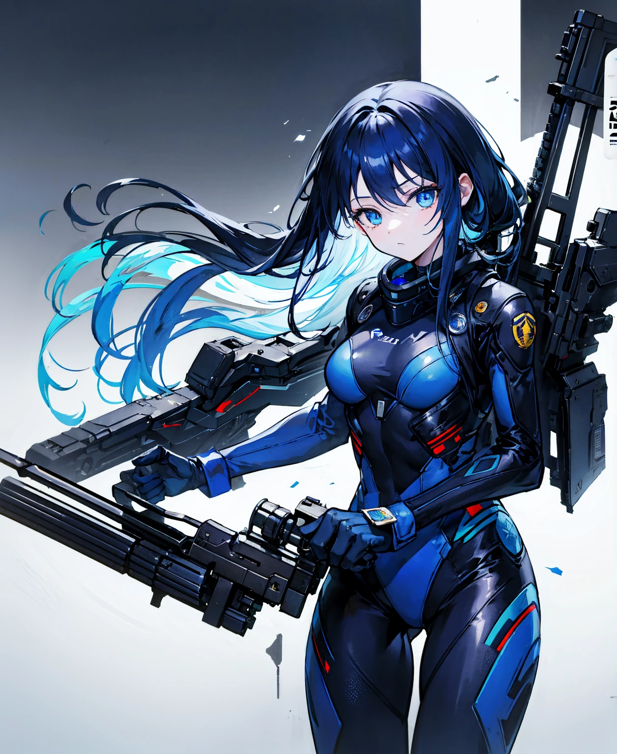 no background,girl,carry a firearm,Enamel-like tight suit,use of firearms,Navy blue long hair,attention arousal,Blue colored eyes,no gradation