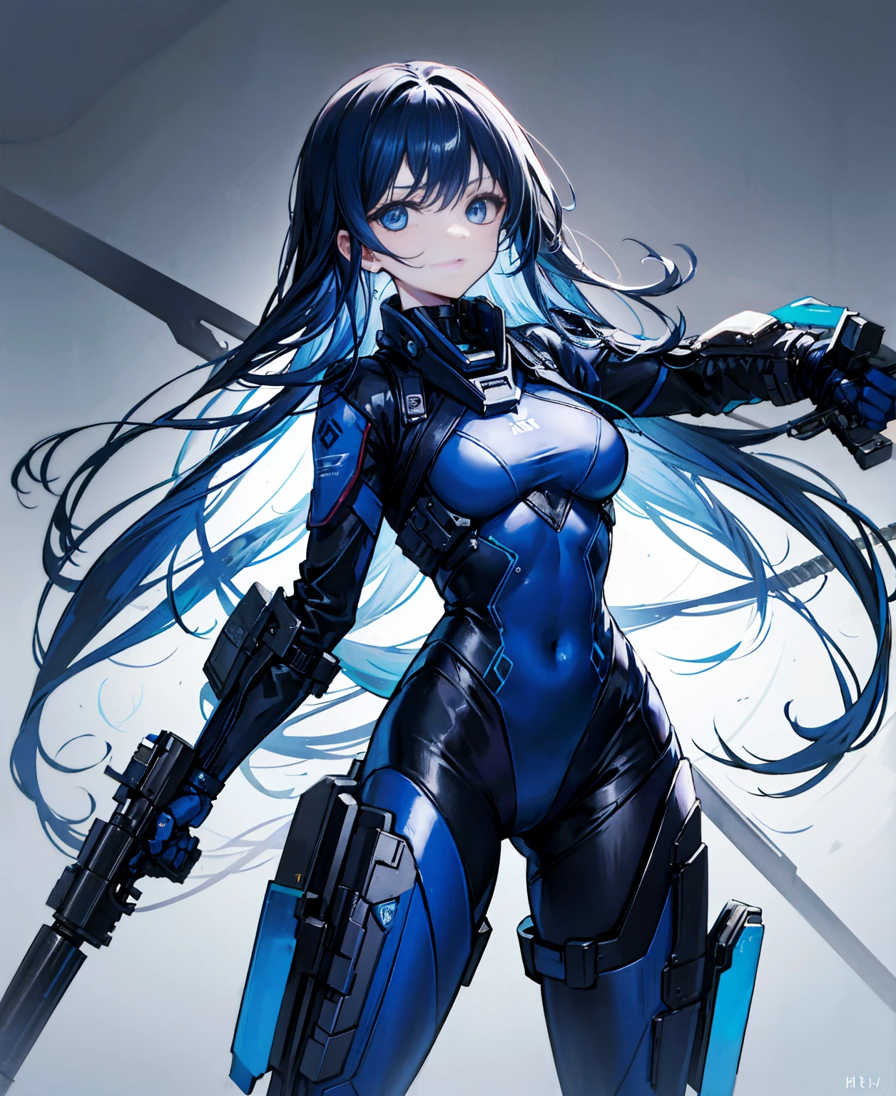 no background，girl，carry a firearm，Enamel-like tight suit，use of firearms，Navy blue long hair，attention arousal，Blue colored eyes,no gradation
