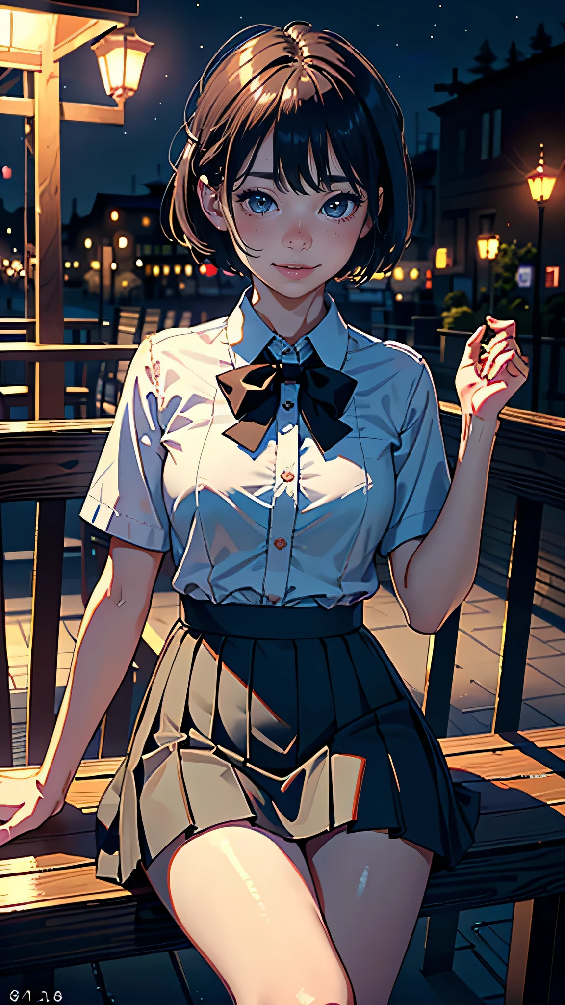 (8k, highest quality, masterpiece:1.2), (SFW:1.3), (Realistic, photo-Realistic:1.37), Very detailed, 1 girl,cute, alone,Beautifully detailed skies,detailed cafe,night,Sitting,Date,(Red nose),(smile:1.1),(Mouth closed) Medium chest,Beautiful fine details,(Collared shirt:1.1), bow tie,Pleated skirt,(short hair:1.2),floating hair