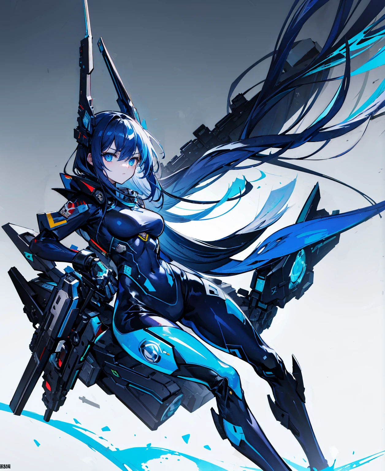 no background,girl,carry a firearm,Enamel-like tight suit,use of firearms,Navy blue long hair,attention arousal,Blue colored eyes,no gradation