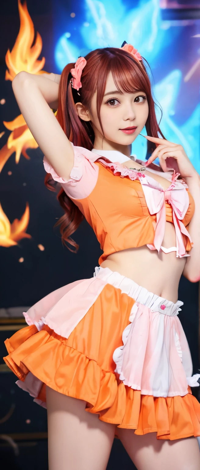 Sexy Flame Idol Girl、whole body、Good style、、、、Fluorescent orange and pink ****ta fashion、、colorful hair、、、、Flame City、