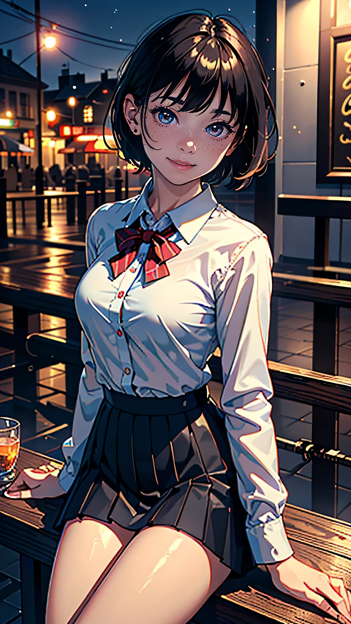 (8k, highest quality, masterpiece:1.2), (SFW:1.3), (Realistic, photo-Realistic:1.37), Very detailed, 1 girl,cute, alone,Beautifully detailed skies,detailed cafe,night,Sitting,Date,(Red nose),(smile:1.1),(Mouth closed) Medium chest,Beautiful fine details,(Collared shirt:1.1), bow tie,Pleated skirt,(short hair:1.2),floating hair
