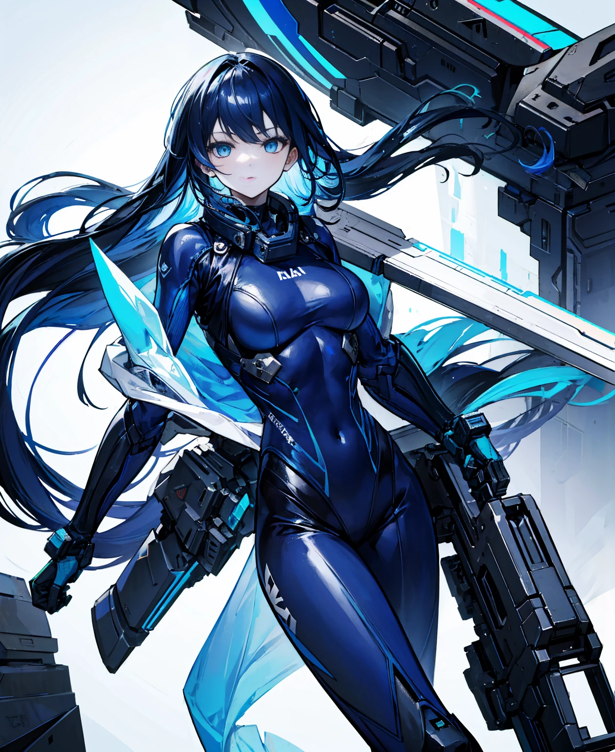 no background，girl，carry a firearm，Enamel-like tight suit，use of firearms，Navy blue long hair，attention arousal，Blue colored eyes,no gradation