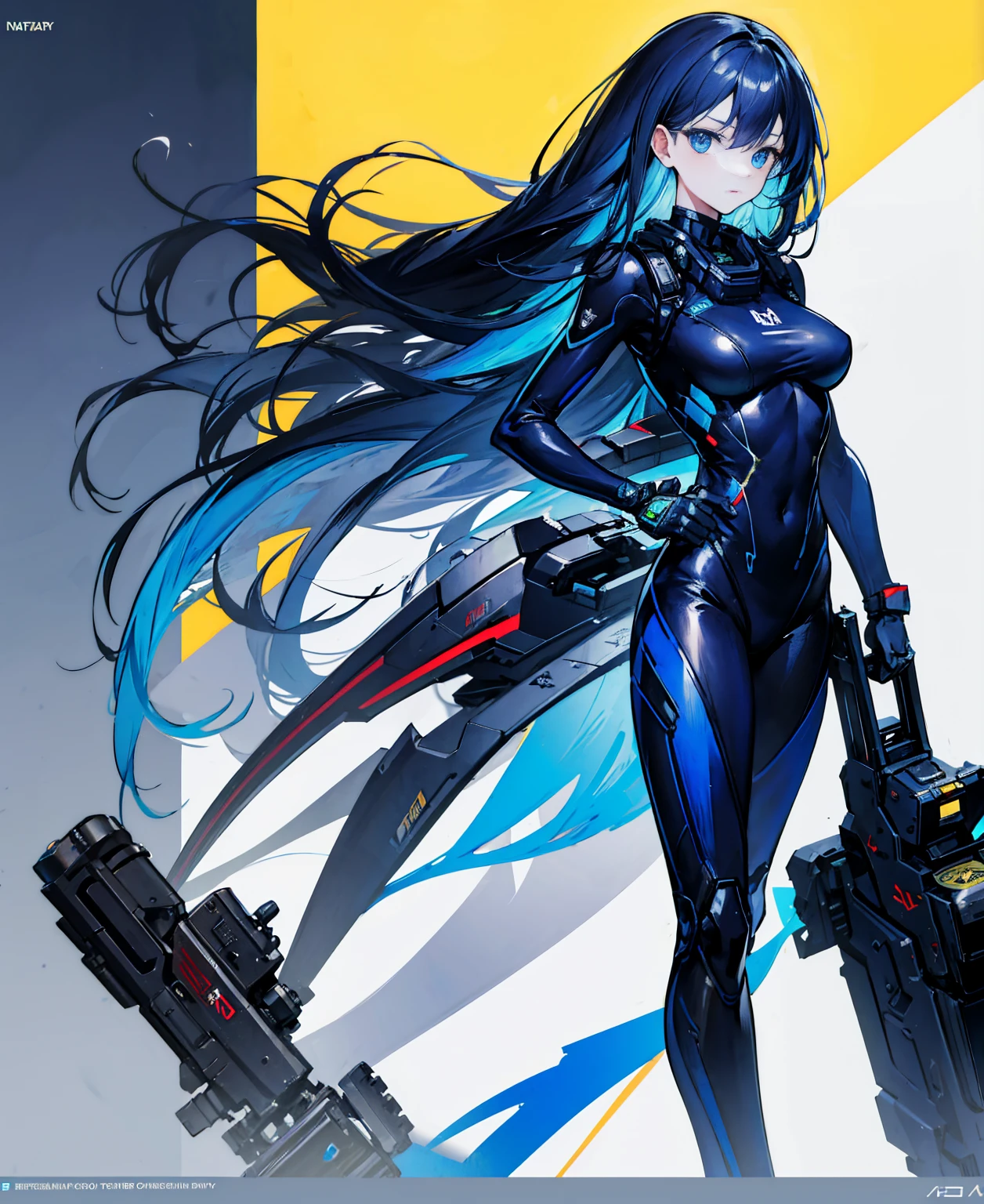 no background,girl,carry a firearm,Enamel-like tight suit,use of firearms,Navy blue long hair,attention arousal,Blue colored eyes,no gradation