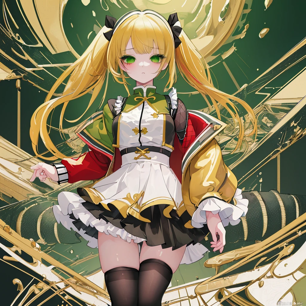 masterpiece, best quality, ultra-detailed, illustration, (1girl), beautiful detailed eyes, looking at viewer, (close up:0.9), gold hair, Twin tails, hot pants, mesh inner 、white knee socks, green eyes, red jacket, black inner、standing