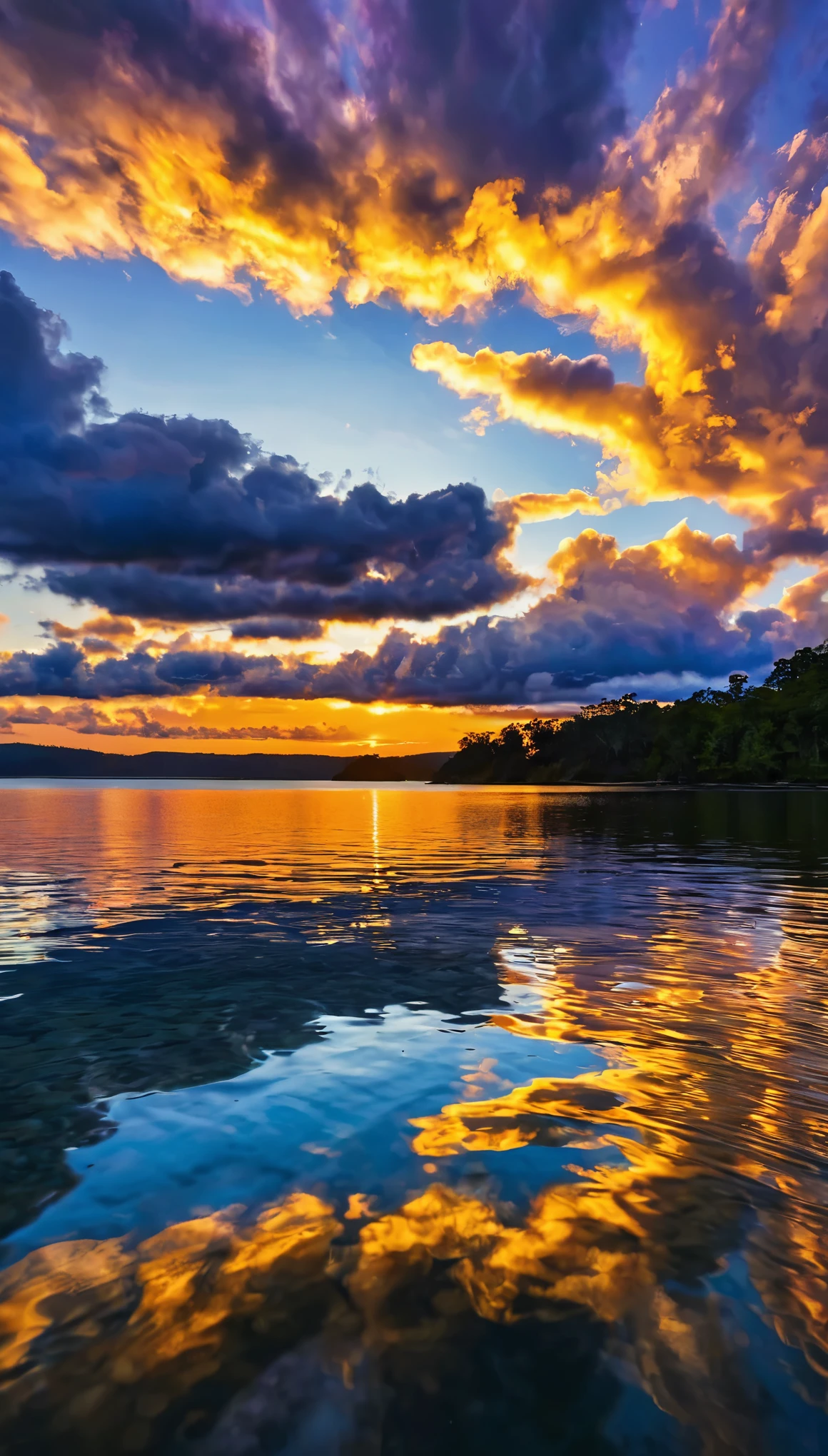 
A breathtaking view of a sunset or sunrise, with the sky and clouds reflecting on a calm body of water below.