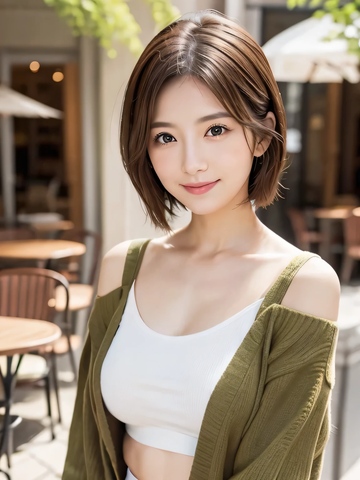 highest quality、Very detailed、masterpiece、Realistic、Photorealistic、One Girl、(cute 40 year old woman)、(cute:1.2)、Fascinating、(brown hair、Short Bob Hair)、The eyes are brown、perfect glowing skin、((thin))、Tight waist、((Perfect body))、Model pose、Accurate depiction、Perfect Face、green cardigan、White shirt、Off the shoulder、Big and ample breasts:1.1、Look forward、Bright lighting、sunny day、Cafe、terrace、Blur the background