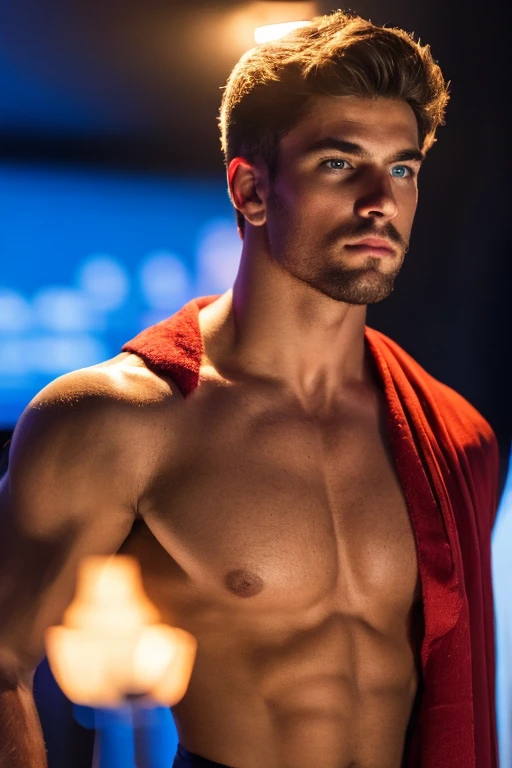Artistic photography, an 18 year old boy with a red toga, Greek toga, red velvet Greek toga, butt cover, velvet bottom cover, slim and defined body, abs, pecs, black background, artistic concept, handsome supermodel, Greek profile, young greek god, sublime beauty, delicate facial features, beautiful facial features, Greek face, strong jaw, attractive boy, , cinematographic, best quality, sharpness, focus on the boy, anatomical perfection, golden ratio, commercial, perfect symmetry, facial symmetry, body symmetry, cinematographic light, ultra detailed, hyper realistic, strong jaw, beautiful eyes, cinematographic portrait, cinematographic quality, film award, (8k, RAW photo, best quality, masterpiece:1.2), (realistic, photo-realistic:1.37), ultra-detailed, (high detailed skin:1.2), 8k uhd, dslr, soft lighting, high quality, film grain, Fujifilm XT3, professional lighting, handsome 1man , (thin lips:1.3), masterpiece, pale skin,(strong jaw:1), Award winning (portrait photo:1. 4), high quality, hyper realistic, 4k, realistic, backlighting, (shallow depth of field:1. 5), by lee jeffries nikon d850 film stock photograph 4 kodak portra 400 camera f1. 6 lens rich colors hyper realistic lifelike texture dramatic lighting unreal engine trending on artstation cinestill 800 (vignette:1. 3), filmgrain, artistic photography, perfect composition, beautiful detailed, cinematic perfect light, male pose