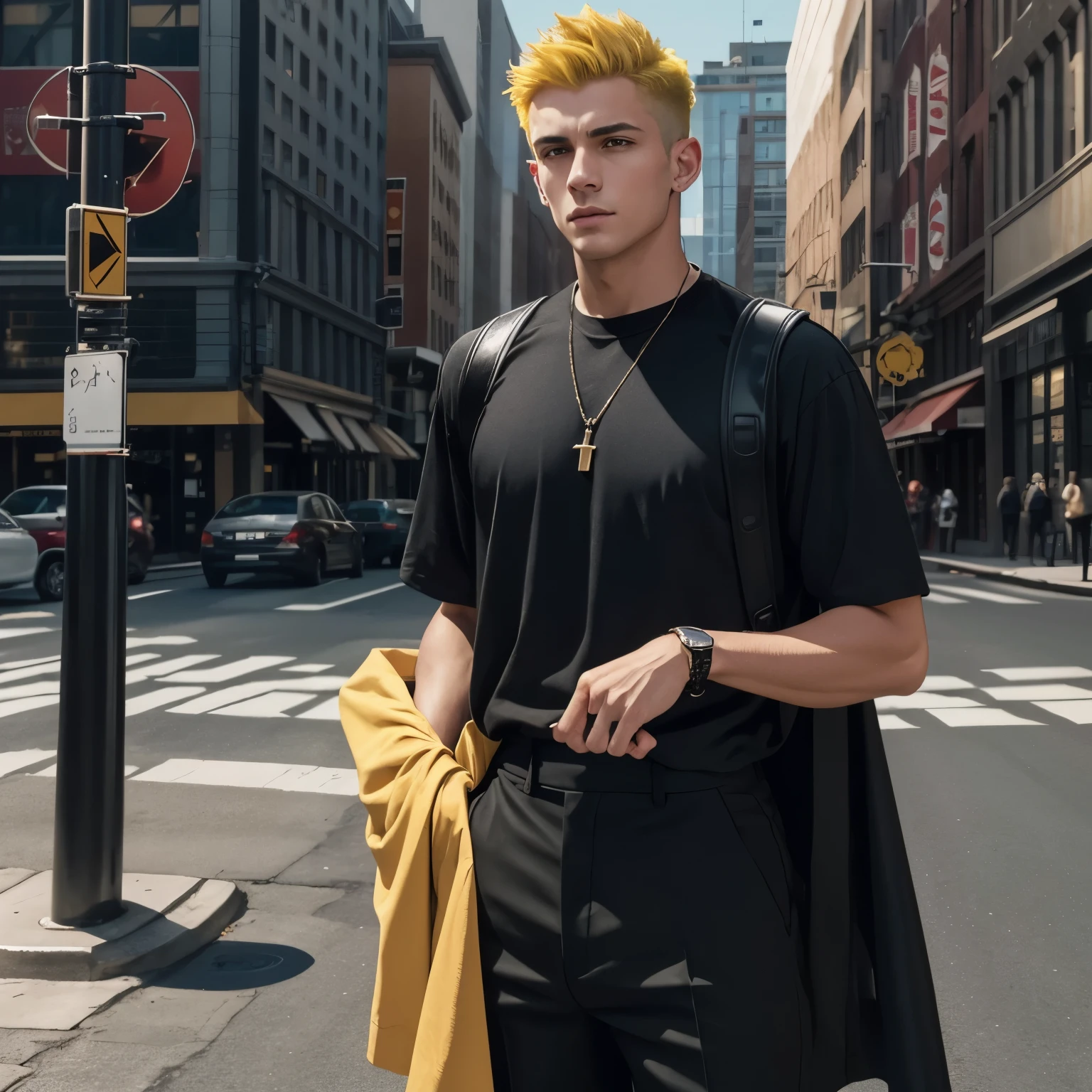"A handsome adult in man, wearing a black T-shirt and short yellow hair, stands at the crossroads of the street. The image is of 32K resolution, showcasing the best quality, a masterpiece with super detail and high details."
"A girl She is elegantly dressed in attire that complements the man's outfit, adding to the overall charm of the scene."