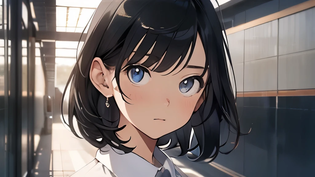 (Highest quality,4K,High resolution,masterpiece:1.2),(Realistic,Realistic,Realistic:1.37),Black Hair,Bobcut,18 year old female,composition,School,corridor,white uniform,Very beautiful,clear eyes,Cool and captivating eyes,Somewhat shy,blush,medium:anime,Soft lighting,Vibrant colors