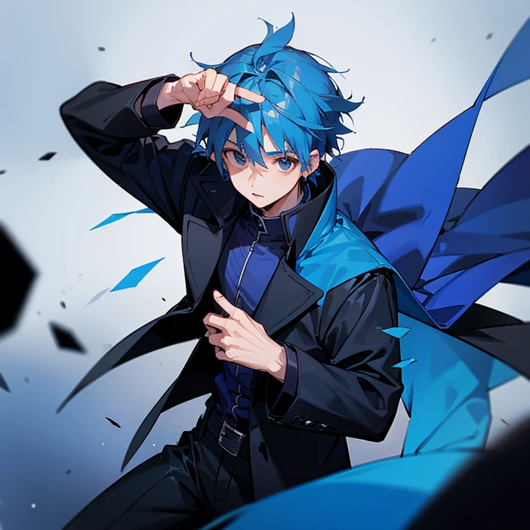  a blue hair boy wearing shirt and black orange coat