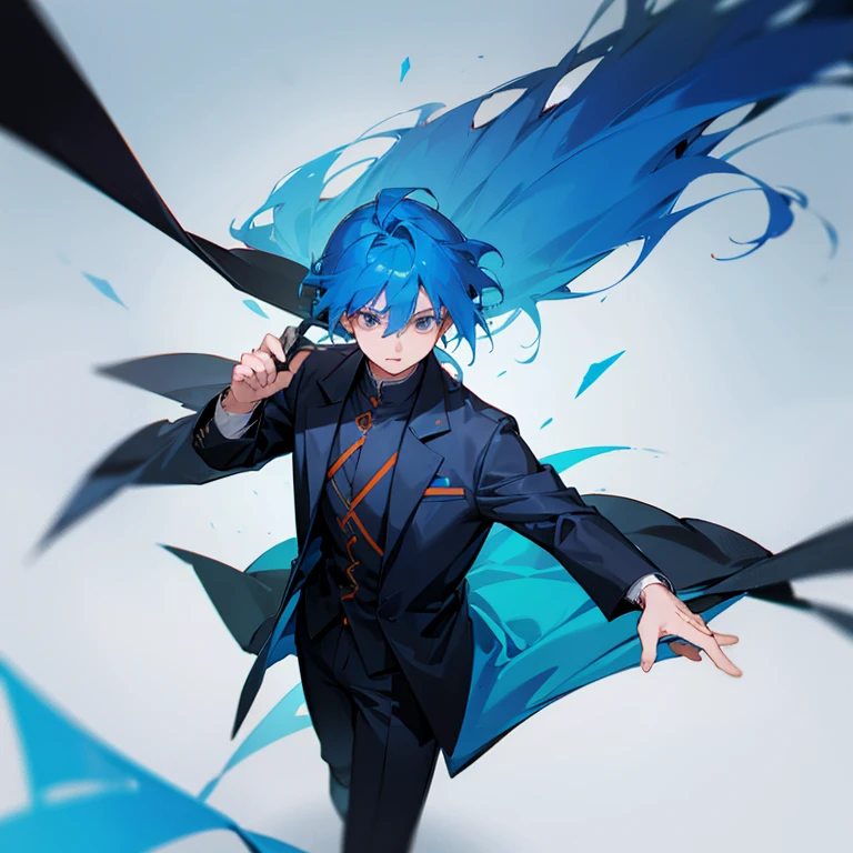  a blue hair boy wearing shirt and black orange coat