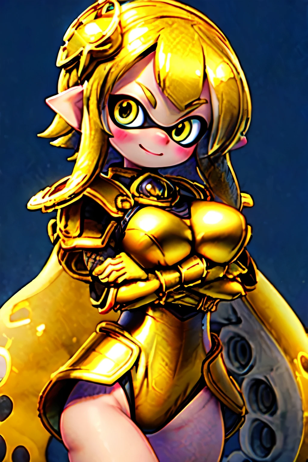 Splatoon Girl、Golden Armor、golden armor、Golden leotard、(Armored Leotard:1.2), corset, gigantic breast, breastplate, Golden tentacle hair、lips,  Golden Eyes, shining eyes、Watching the audience、big and cute eyes、highest quality、blush、cheek、Lipstick、Embarrassed smile、Good luck golden background、Futuristic Golden Background、