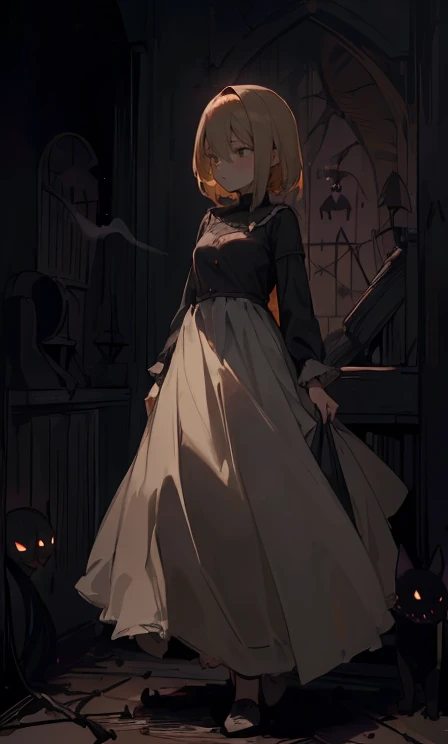 (highest quality), 1 Girl, :d,((Spooky dark room:1.6)),(((Full Body:1.3))),(((((Cute clothes))))),Blonde,Short Hair,straight hair,(green eyes),((Walking through a dark room)),It&#39;s a very scary room,((white long dress)),(Anxious expression:1.5),((((It&#39;s very dark out there)))),(Candles are displayed on the dark wall),(The candles light up the dark room),((She is holding a single candle in her left hand.)),((Talking to a black kitten)),