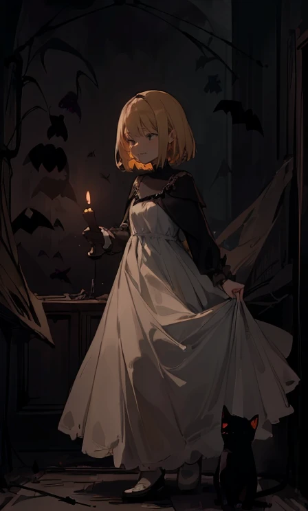(highest quality), 1 Girl, :d,((Spooky dark room:1.6)),(((Full Body:1.3))),(((((Cute clothes))))),Blonde,Short Hair,straight hair,(green eyes),((Walking through a dark room)),It&#39;s a very scary room,((white long dress)),(Anxious expression:1.5),((((It&#39;s very dark out there)))),(Candles are displayed on the dark wall),(The candles light up the dark room),((She is holding a single candle in her left hand.)),((Talking to a black kitten)),