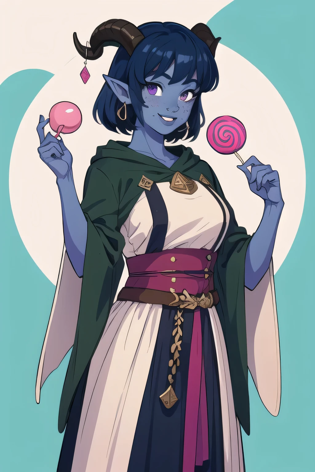 masterpiece, best quality, 1girl, jesterlavorre, blue hair,  purple eyes, blue skin, freckles, colored skin, horns, pointy ears,, tiefling, smile, looking at viewer, solo , holding a giant lollipop, giant pink lollipop 