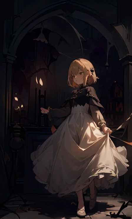 (highest quality), 1 Girl, :d,((Spooky dark room:1.6)),(((Full Body:1.3))),(((((Cute clothes))))),Blonde,Short Hair,straight hair,(green eyes),((Walking through a dark room)),It&#39;s a very scary room,((white long dress)),(Anxious expression:1.5),((((It&#39;s very dark out there)))),(Candles are displayed on the dark wall),(The candles light up the dark room),((She is holding a single candle in her left hand.)),((Talking to a black kitten)),