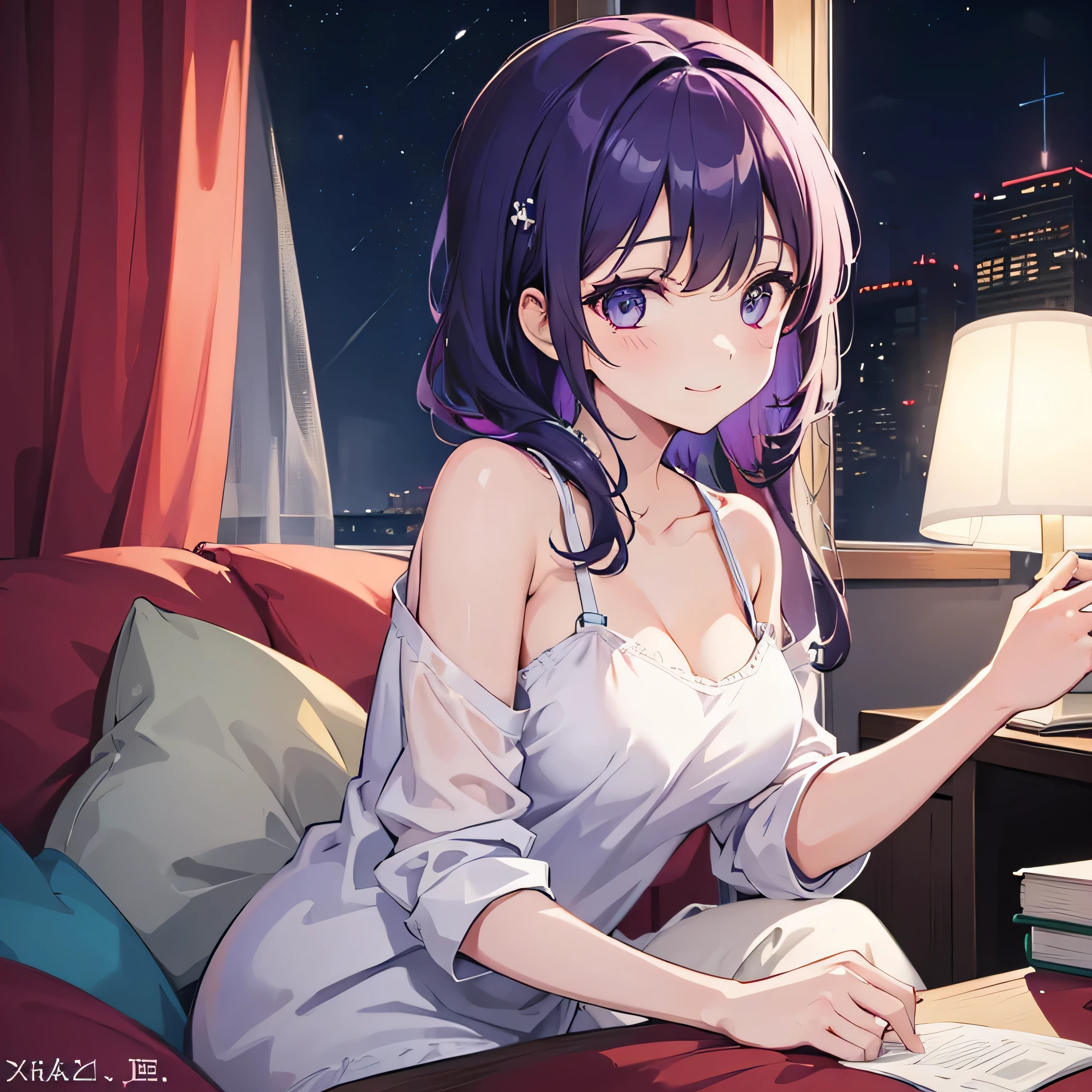 (T Masterpiece,4k wallpaper,Best Quality))、((girl1people))、(solo)、Bright and Brilliant,(Purple Hair)、(Shortcuts:1.3)、smile、Bedroom、pajamas、night