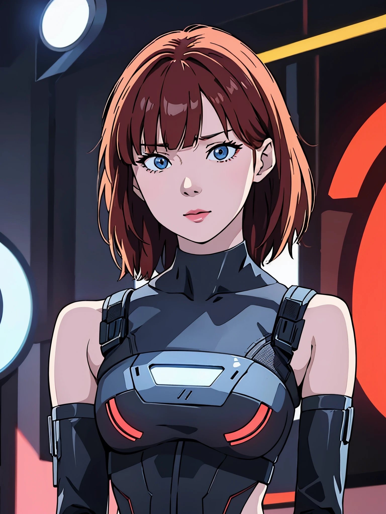 digital art drawing, illustration of (Winter from k-pop group aespa, girl, short red hair with bangs, brown eyes, metal robotic arms, evil look, cyberpunk 2077), anime drawing/art, bold linework, illustration, digital art, masterpiece, flat illustration, no shadows, 8k resolution, high detail, vector art, only anime, perfect eyes, perfect hands, sharpness, high clarity, medium close up, high fidelity
