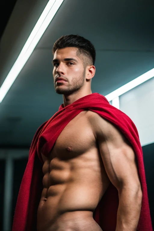 Artistic photography, an 18 year old boy with a red toga, Greek toga, red velvet Greek toga, butt cover, velvet bottom cover, slim and defined body, abs, pecs, black background, artistic concept, handsome supermodel, Greek profile, young greek god, sublime beauty, delicate facial features, beautiful facial features, Greek face, strong jaw, attractive boy, , cinematographic, best quality, sharpness, focus on the boy, anatomical perfection, golden ratio, commercial, perfect symmetry, facial symmetry, body symmetry, cinematographic light, ultra detailed, hyper realistic, strong jaw, beautiful eyes, cinematographic portrait, cinematographic quality, film award, (8k, RAW photo, best quality, masterpiece:1.2), (realistic, photo-realistic:1.37), ultra-detailed, (high detailed skin:1.2), 8k uhd, dslr, soft lighting, high quality, film grain, Fujifilm XT3, professional lighting, handsome 1man , (thin lips:1.3), masterpiece, pale skin,(strong jaw:1), Award winning (portrait photo:1. 4), high quality, hyper realistic, 4k, realistic, backlighting, (shallow depth of field:1. 5), by lee jeffries nikon d850 film stock photograph 4 kodak portra 400 camera f1. 6 lens rich colors hyper realistic lifelike texture dramatic lighting unreal engine trending on artstation cinestill 800 (vignette:1. 3), filmgrain, artistic photography, perfect composition, beautiful detailed, cinematic perfect light, male pose