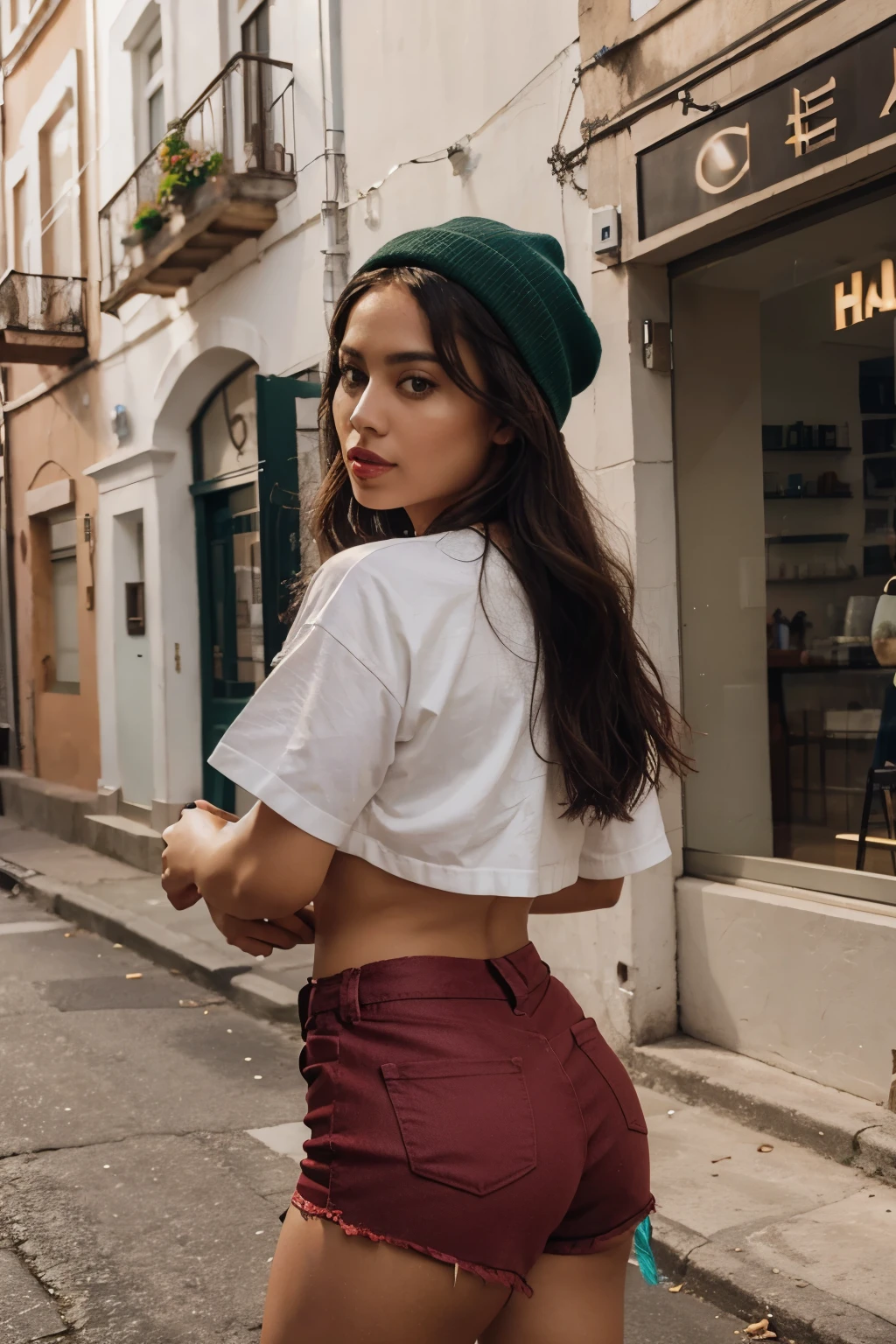 a beautiful Hispanic woman, Your eyes are charming green, com um toque de maldade, rico, red lips that reflect the vitality of Latin culture, hair as dark and flowing as the night sky, use shorts e uma regata, suas cores brilhantes, environment that involves an amalgamation of symbolic street scenes from Portugal, Carros velhos, colorful buildings, celestial