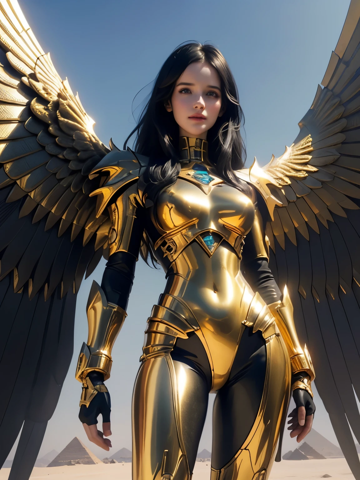 Rachel Brosnahan,black hair,straight hair,My hair is very long.,แต่งกายด้วยชุดของเทพEgyptโบราณ, realistic skin, incredible light, ultra realistic,complicated, Sharp focus, Ray Tracing, rtx, Professional color grading, Professional photography, Masterpiece, very detailed, High quality, best quality, 4k, 8k, raw , regeneration of the skin, big breasts,She breast size is M cup, full body, she very sexy, she have perfect body, she so beautifully,She have good eyes,She is full of charm,close up,sky,เธออยู่ที่pyramid,Egypt,desert,pyramid,The sun shines,The sky is clear.,((Shiny metallic cybernetic body)) cyberpunk,Sci fi,technology,golden iron wings,have wings,Large wings