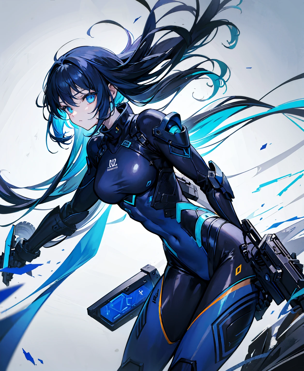 There is no background,girl,carry a firearm,Enamel-like tight suit,use of firearms,Navy blue long hair,attention arousal,Blue colored eyes,no gradation