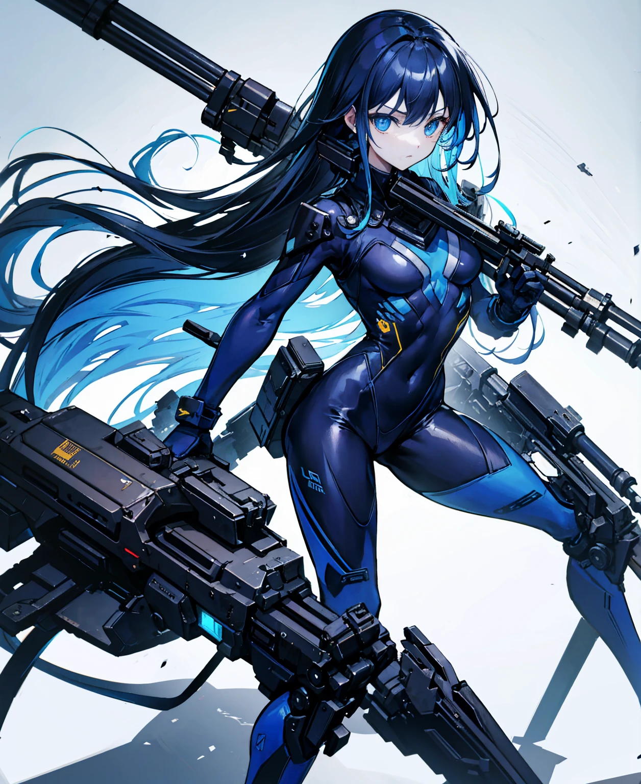 There is no background,girl,carry a firearm,Enamel-like tight suit,use of firearms,Navy blue long hair,attention arousal,Blue colored eyes,no gradation