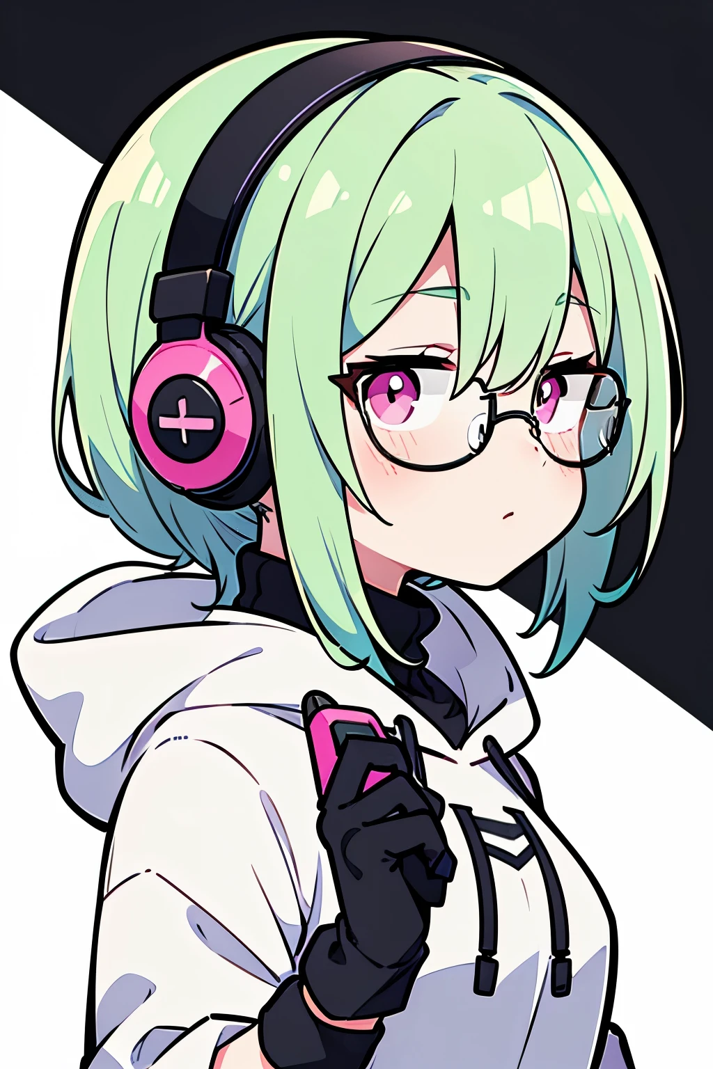 ((highest quality)), ((masterpiece)), (be familiar with), perfect face,white half-up hair,green mesh hair,Pink eyes,round glasses,cool black hoodie,headphones,black gloves,turtleneck,alone,icon、profile