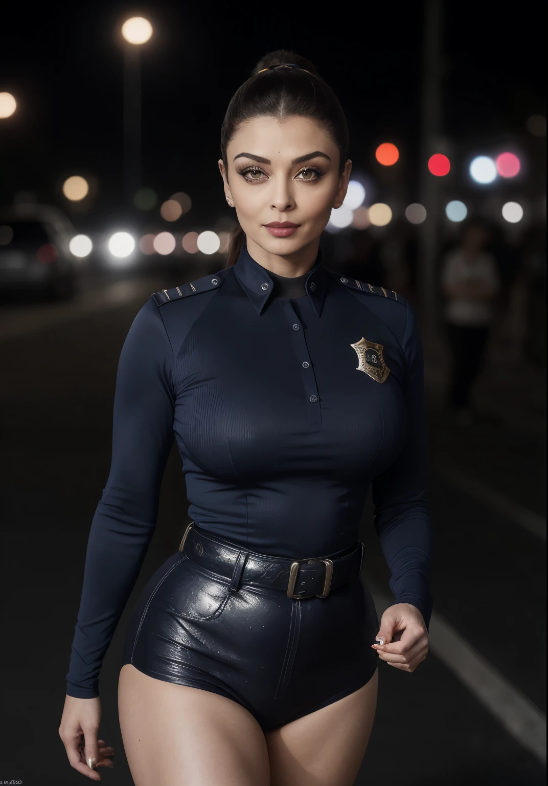 50yo mature MILF Aishwarya Rai as police officer, navy blue tight uniform, very tight shirt, ((red lips)) ((very high heels)), ((short ponytail hair)), mature athletic curvaceous milf body, ((catwalk alone in street)), hourglass milf figure, medium breasts showing massive cleavage, (((seductive smirking expression))) on her face, look at a camera and smirking, soft volumetric lights, intricate details, (ArtStation:1.2)