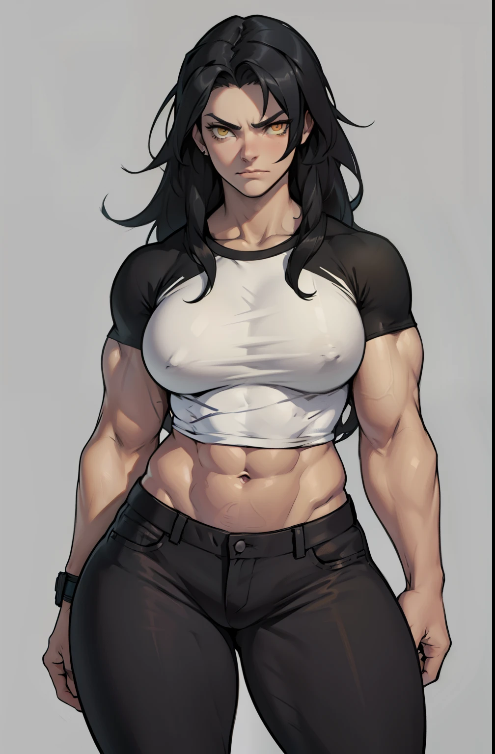 ((grey background)), solo, ((1 girl)), very long hair, black hair, angry, yellow eyes, (((muscular))), huge , thick thighs, wide hips, pale skin, (tight shirt), (tight pants), standing, midriff, abs, navel