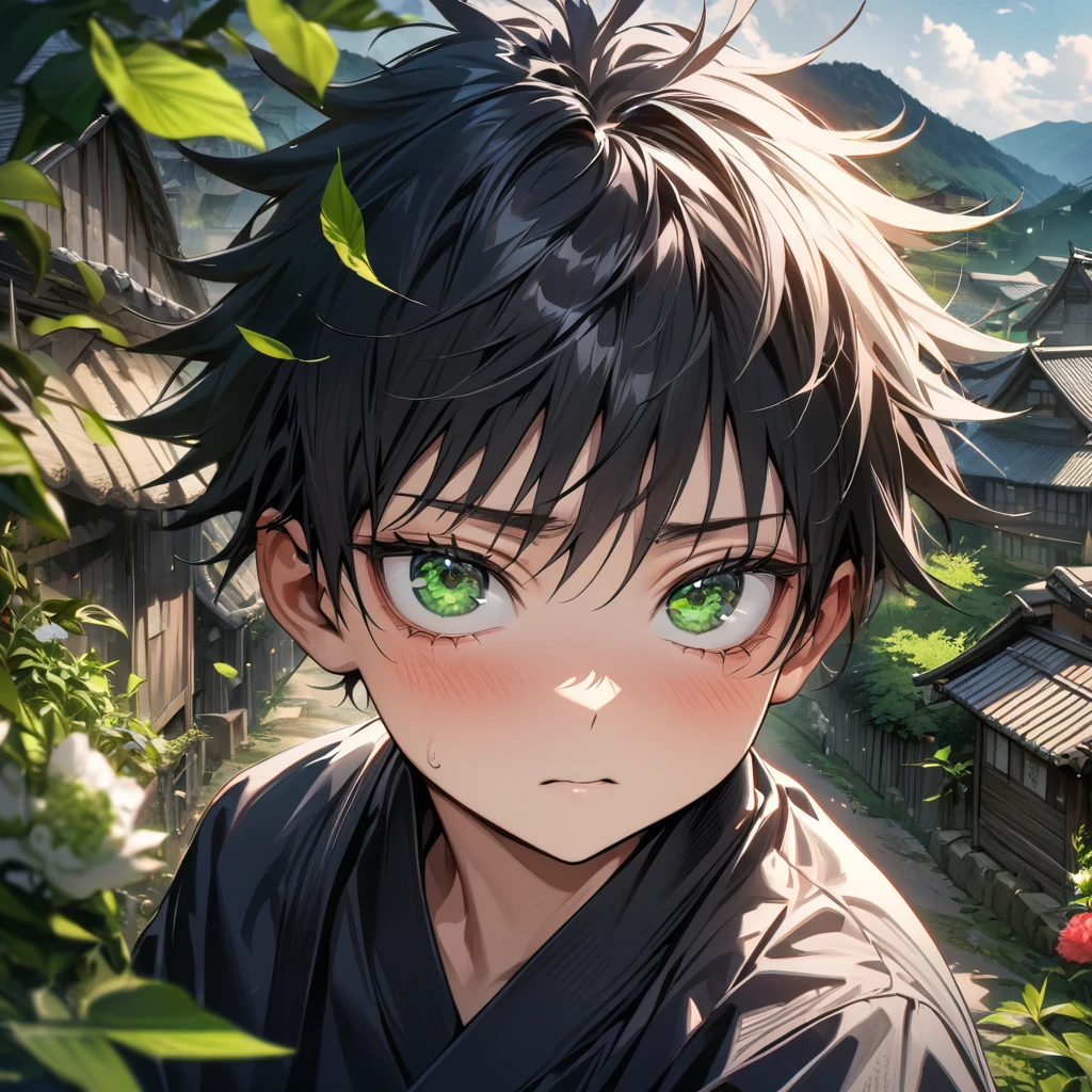 absurdres, highres, ultra detailed, HDR, master piece, best quality, Fushiguro Megumi, black hair, expressive green eyes, solo, little boy, extremely cute, Jujutsu Kaisen, black kimono, extremely detailed face and eyes, village, green leaves, flowers