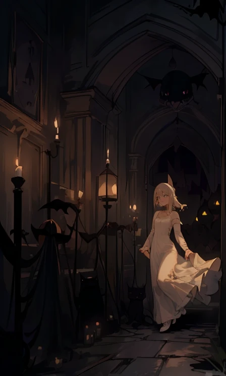 (highest quality), 1 Girl, :d,((Spooky dark room:1.6)),(((Full Body:1.3))),(((((Cute clothes))))),Blonde,Short Hair,straight hair,(green eyes),((Walking through a dark room)),It&#39;s a very scary room,((white long dress:1.5)),(Anxious expression:1.5),((((It&#39;s very dark out there)))),(Candles are displayed on the dark wall),(The candles light up the dark room),((She is holding a single candle in her left hand.)),((Talking to a black kitten:1.3)),
