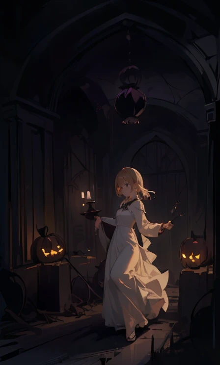 (highest quality), 1 Girl, :d,((Spooky dark room:1.6)),(((Full Body:1.3))),(((((Cute clothes))))),Blonde,Short Hair,straight hair,(green eyes),((Walking through a dark room)),It's a very scary room,((white long dress:1.5)),(Anxious expression:1.5),((((It's very dark out there)))),(Candles are displayed on the dark wall),(The candles light up the dark room),((She is holding a single candle in her left hand.)),((Talking to a black kitten:1.3)),