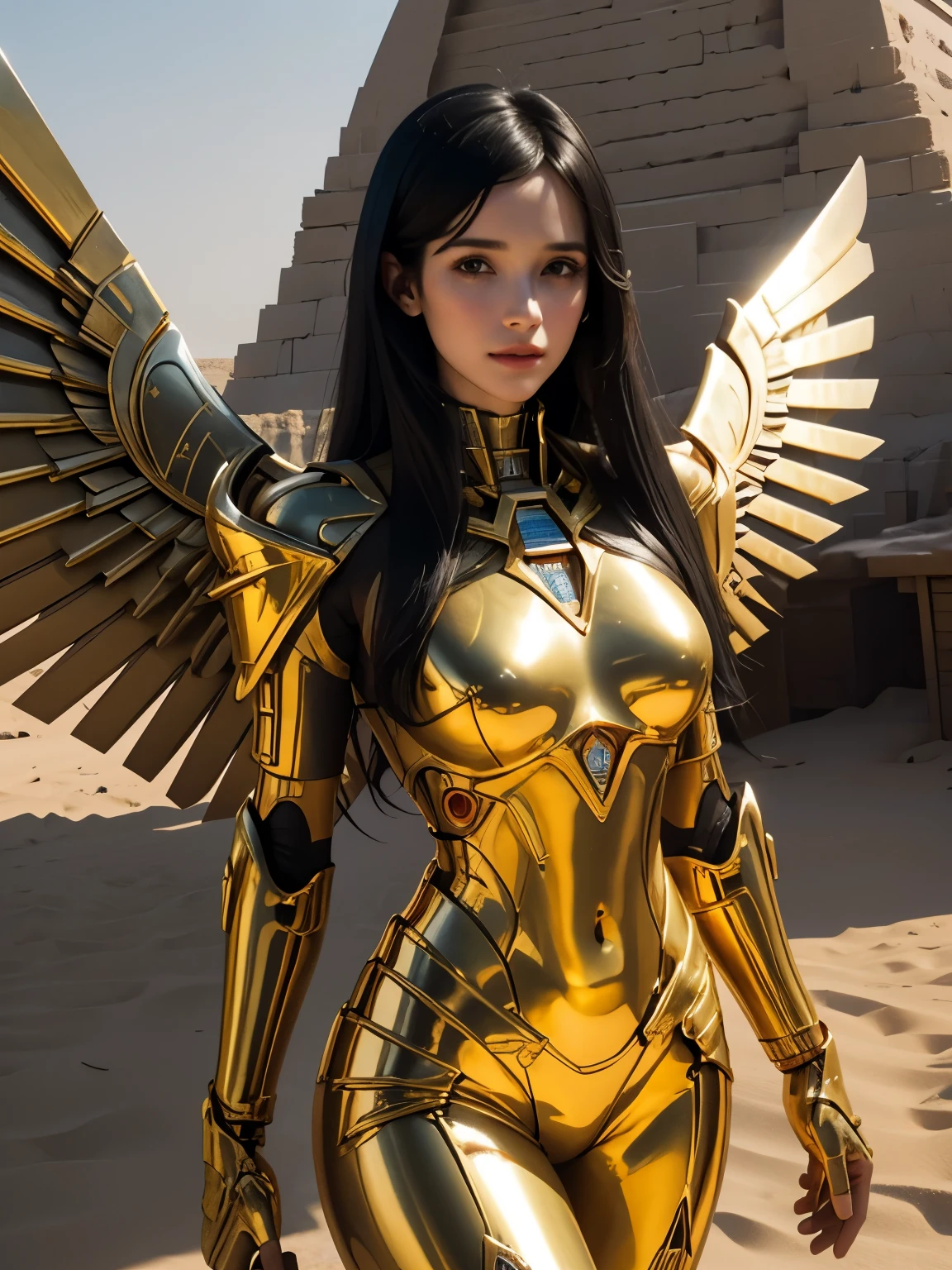 Rachel Brosnahan,black hair,straight hair,My hair is very long.,แต่งกายด้วยชุดของเทพEgyptโบราณ, realistic skin, incredible light, ultra realistic,complicated, Sharp focus, Ray Tracing, rtx, Professional color grading, Professional photography, Masterpiece, very detailed, High quality, best quality, 4k, 8k, raw , regeneration of the skin, big breasts,She breast size is M cup, full body, she very sexy, she have perfect body, she so beautifully,She have good eyes,She is full of charm,close up,sky,เธออยู่ที่pyramid,Egypt,desert,pyramid,The sun shines,The sky is clear.,((Shiny metallic cybernetic body)) cyberpunk,Sci fi,technology,golden iron wings,have wings,Large wings