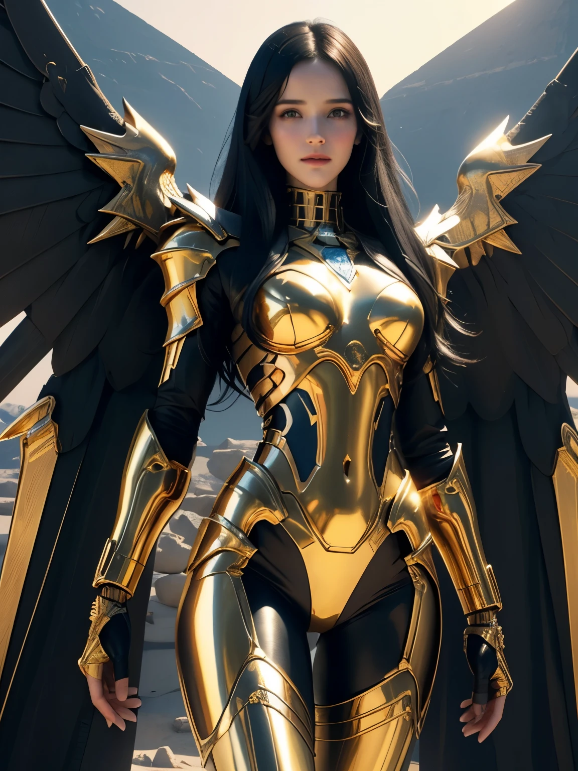 Rachel Brosnahan,black hair,straight hair,My hair is very long.,แต่งกายด้วยชุดของเทพEgyptโบราณ, realistic skin, incredible light, ultra realistic,complicated, Sharp focus, Ray Tracing, rtx, Professional color grading, Professional photography, Masterpiece, very detailed, High quality, best quality, 4k, 8k, raw , regeneration of the skin, big breasts,She breast size is M cup, full body, she very sexy, she have perfect body, she so beautifully,She have good eyes,She is full of charm,close up,sky,เธออยู่ที่pyramid,Egypt,desert,pyramid,The sun shines,The sky is clear.,((Shiny metallic cybernetic body)) cyberpunk,Sci fi,technology,golden iron wings,have wings,Large wings
