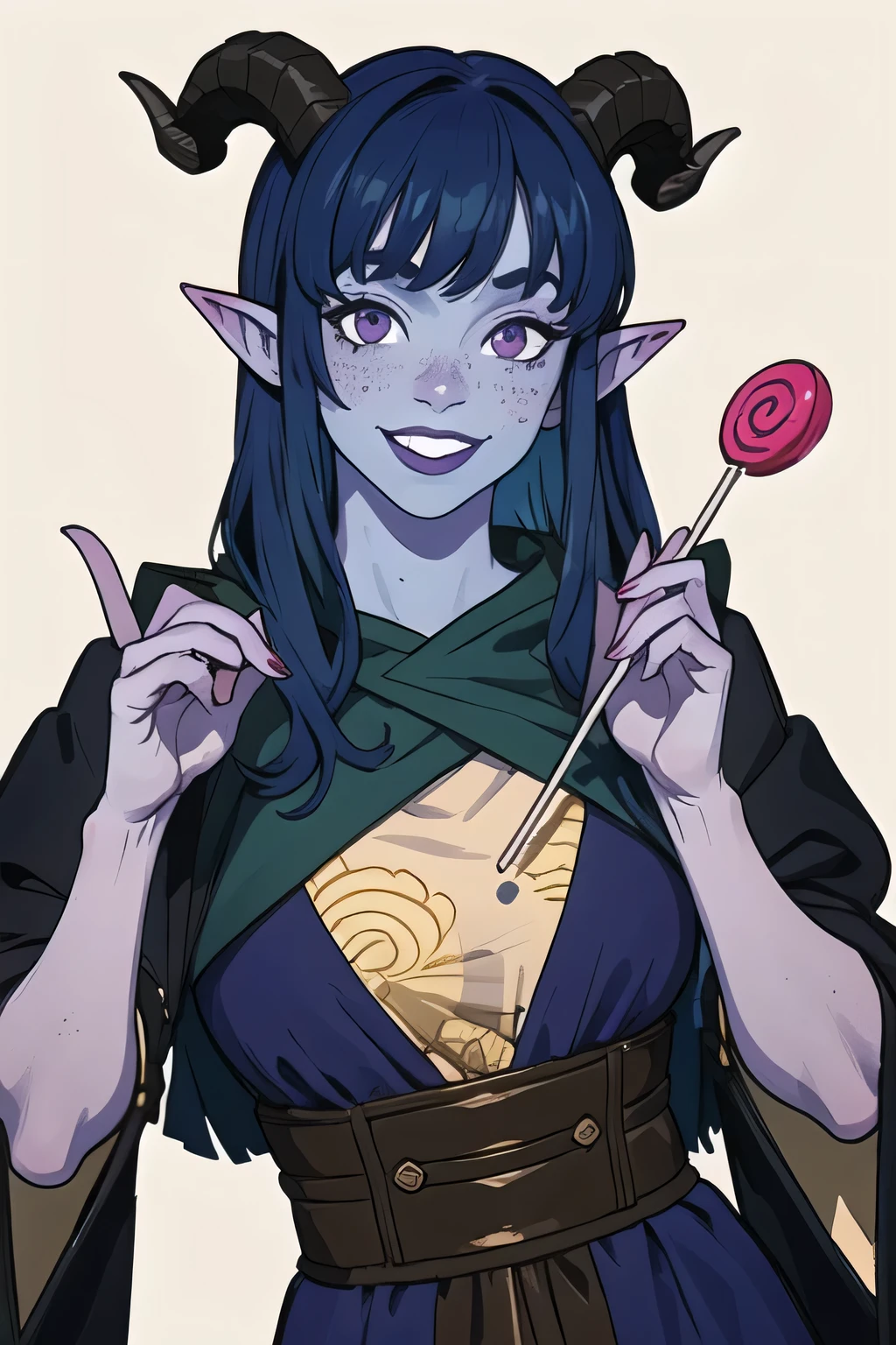 masterpiece, best quality, 1girl, jesterlavorre, blue hair,  purple eyes, blue skin, freckles, colored skin, horns, pointy ears,, tiefling, smile, looking at viewer, solo, holding an absolutely enormous lollipop 