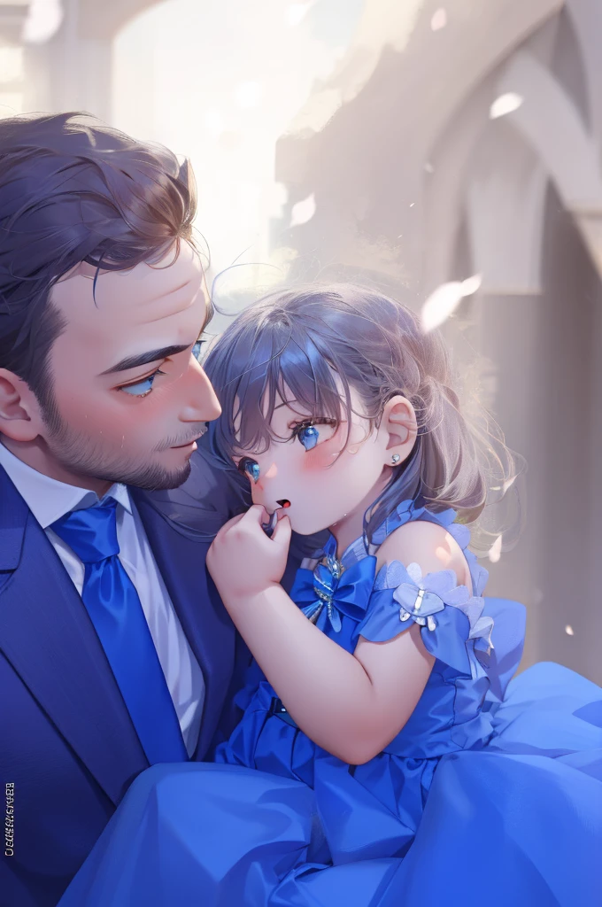 there is a man and a  dressed up in blue, daddy, beautiful cute, father, dressed in blue, father with , blue themed, cute photo, cute beautiful, daughter, high quality portrait, fatherly, portait photo profile picture, daddy/fatherly, profile pic, photoshoot, with a kid, beautiful princess, family photography, gorgeous portrait