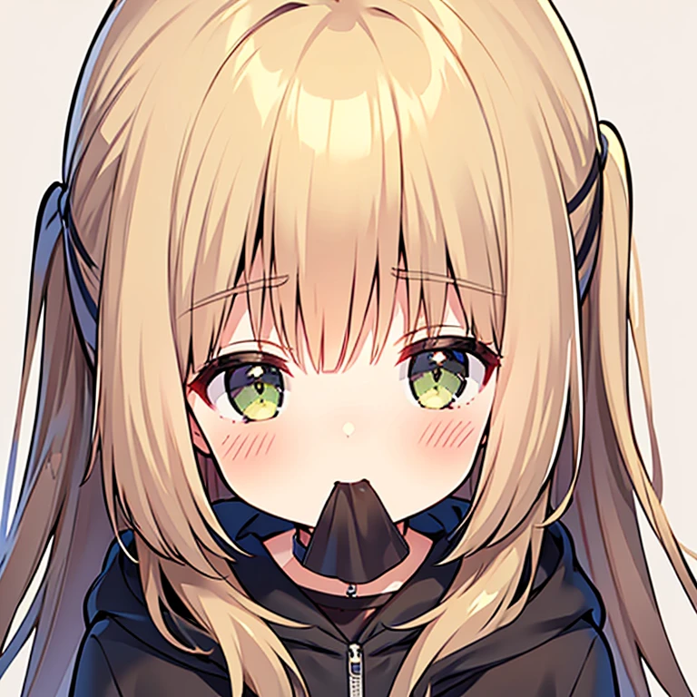 One girl, alone, face, Beige Hair, Light blonde hair, Green Eyes, choker, Relaxed parka, Black hoodie, comics, Little, masterpiece, CG illustration, Simple Background, Gray background, View your viewers, 笑face, Mouth closed, (compensate, Red eyeliner:1)
