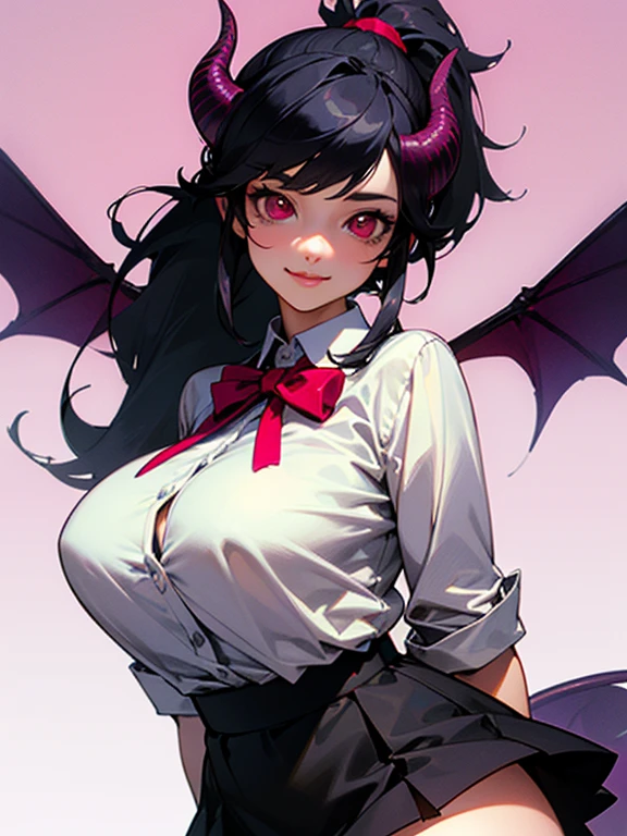 ((Black hair)),((Curled Shorthair)),((pale pink eyes)),(bishop sleeve long sleeve clothing),(((Black and white long sleeve top with allover polka dots))),(red belt band),((Long skirt made of soft denim material)),((Feeling of fatigue and weakness)),((Perspective from above)),Slight red tide,(Vampires),((long fangs)),(Kamimei),((close up of face)),((NSFW)),((Cleavage that looks modest)),((Wearing glasses)),(Full moon night sky with bats flying),Smile on his face,Nihilistic laughter,