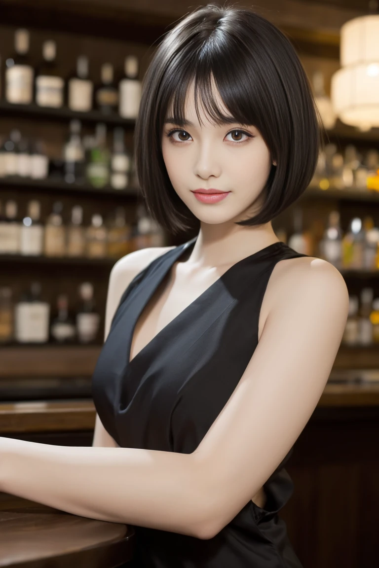 ,(((masterpiece, highest quality, Very detailed))), 1 female, (((Very thin body))) , (((length, Thin legs))), (((Short black hair,Blunt bangs):1.2)), (((Highly detailed face))), Free cosmetics, small, Thin Nose, small thin mouth, (((Very sharp focused eyes))), Japanese, Beautiful Face, (Lifelike face), Beautiful Hairstyles, Realistic eyes, Fine and beautiful eyes, Beautiful body,(Real looking skin), Beautiful Skin, charm, Ultra-high resolution, Surreal, High Detail, Golden Ratio, Elevation,(Detail Makeup:1.2), Bartender Costume,BAR Background,shot from below,