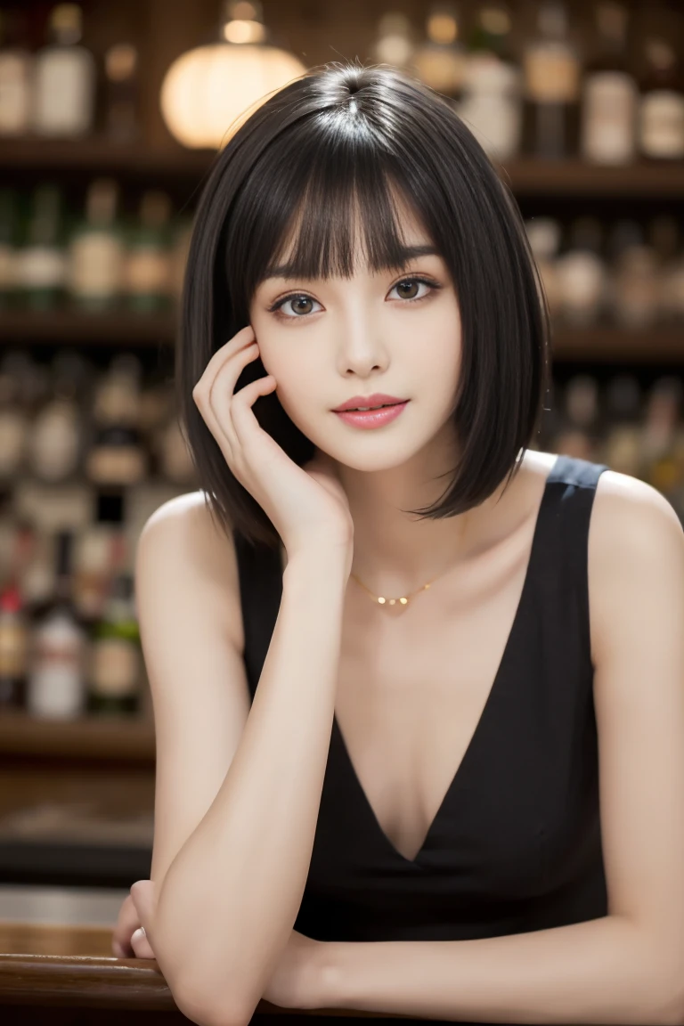 ,(((masterpiece, highest quality, Very detailed))), 1 female, (((Very thin body))) , (((length, Thin legs))), (((Short black hair,Blunt bangs):1.2)), (((Highly detailed face))), Free cosmetics, small, Thin Nose, small thin mouth, (((Very sharp focused eyes))), Japanese, Beautiful Face, (Lifelike face), Beautiful Hairstyles, Realistic eyes, Fine and beautiful eyes, Beautiful body,(Real looking skin), Beautiful Skin, charm, Ultra-high resolution, Surreal, High Detail, Golden Ratio, Elevation,(Detail Makeup:1.2), Bartender Costume,BAR Background，shot from below，
