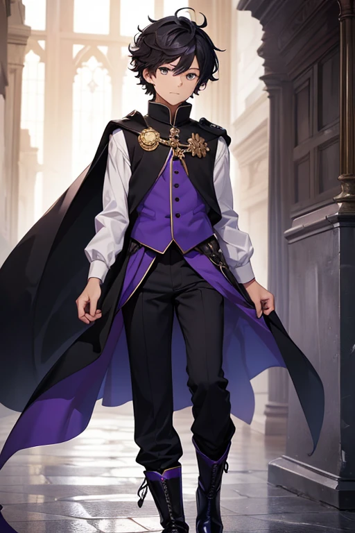 (Boy1), (Full Body Picture), +, (anime), (young),(-yeld adscent), (height 1.88cm),(Dark brown skin color),(short curly black hair),(brown eyes),(wearing),+, (A 14th-century outfit An emperor's outfit with a shiny black cape with a shade of dark blue, and a pair of pants White and it's shiny black boots with dark blue and purple undertones and a dark blue emperor blouse with purple undertone and a black vest with dark purple undertone)
