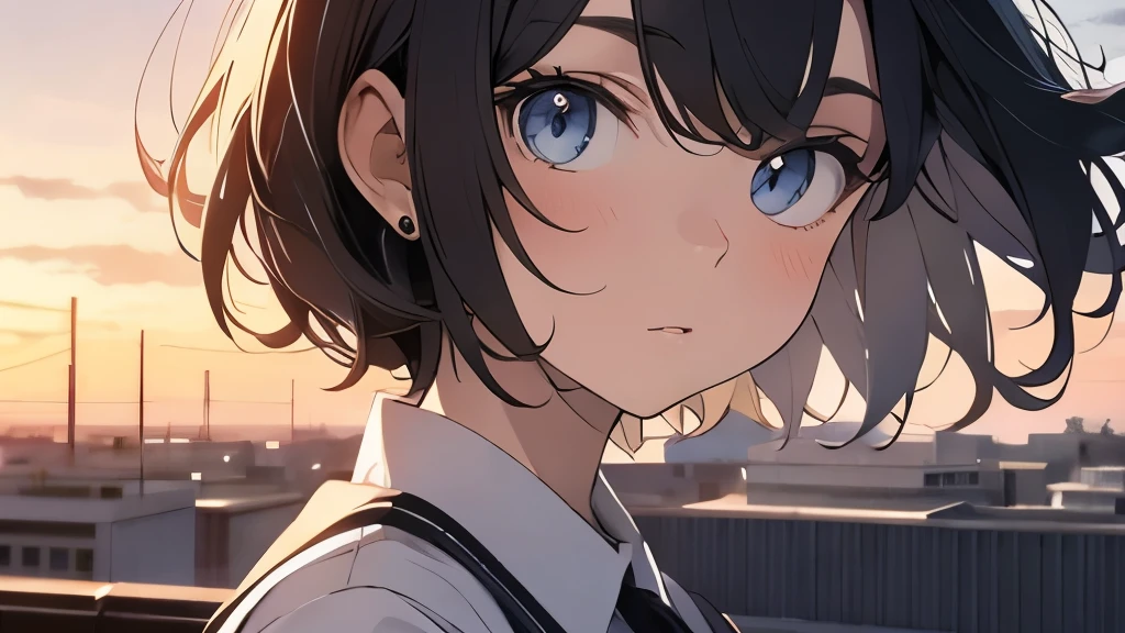 Black Hair、Bobcut、18-year-old female、dignified、school rooftop、wearing a white uniform、Very beautiful、eyes are clear、cool、The eyes are large、Eyes are close、sunset、Talking while looking at the sky