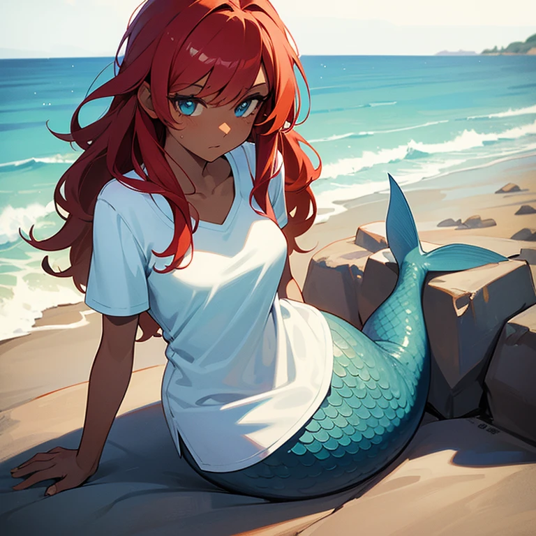 (((Alone))),(((Mermaid Woman))),(((Dark skin))),(((Green right eye))),(((Blue left eye))),(((Hair wavy redhead))),(curvy body), 8k, high quality,(((wearing a white shirt top))),(((sitting on a rock surrounded by the sea)))